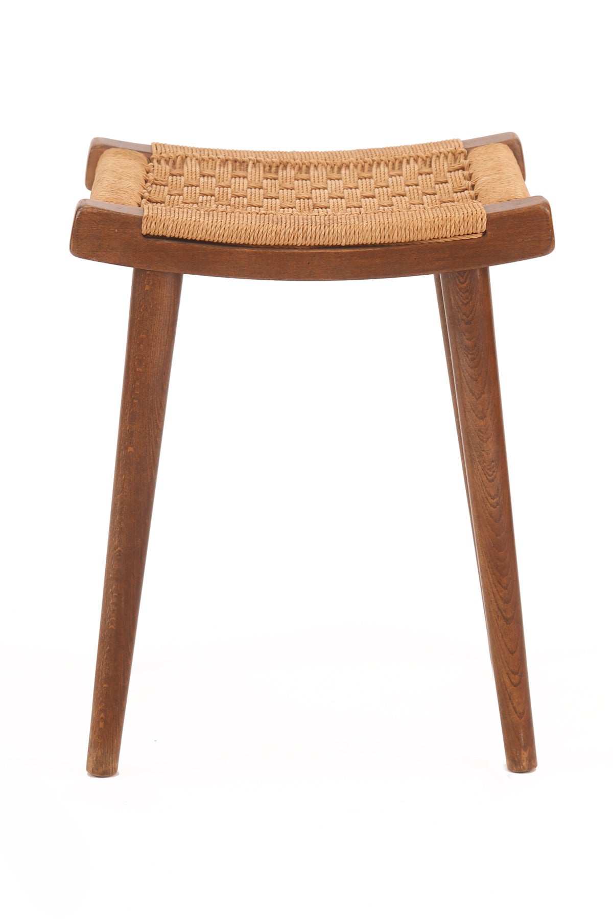 Mid-20th Century Four Teak and Woven Rope Stools or Ottomans