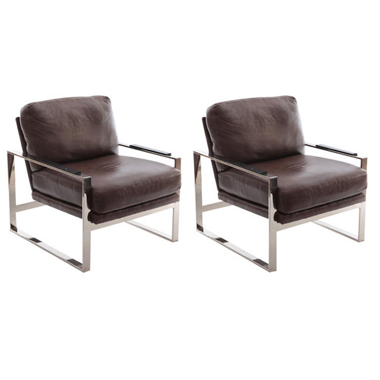 Pair of Stainless Steel and Leather Lounge Chairs at 1stdibs