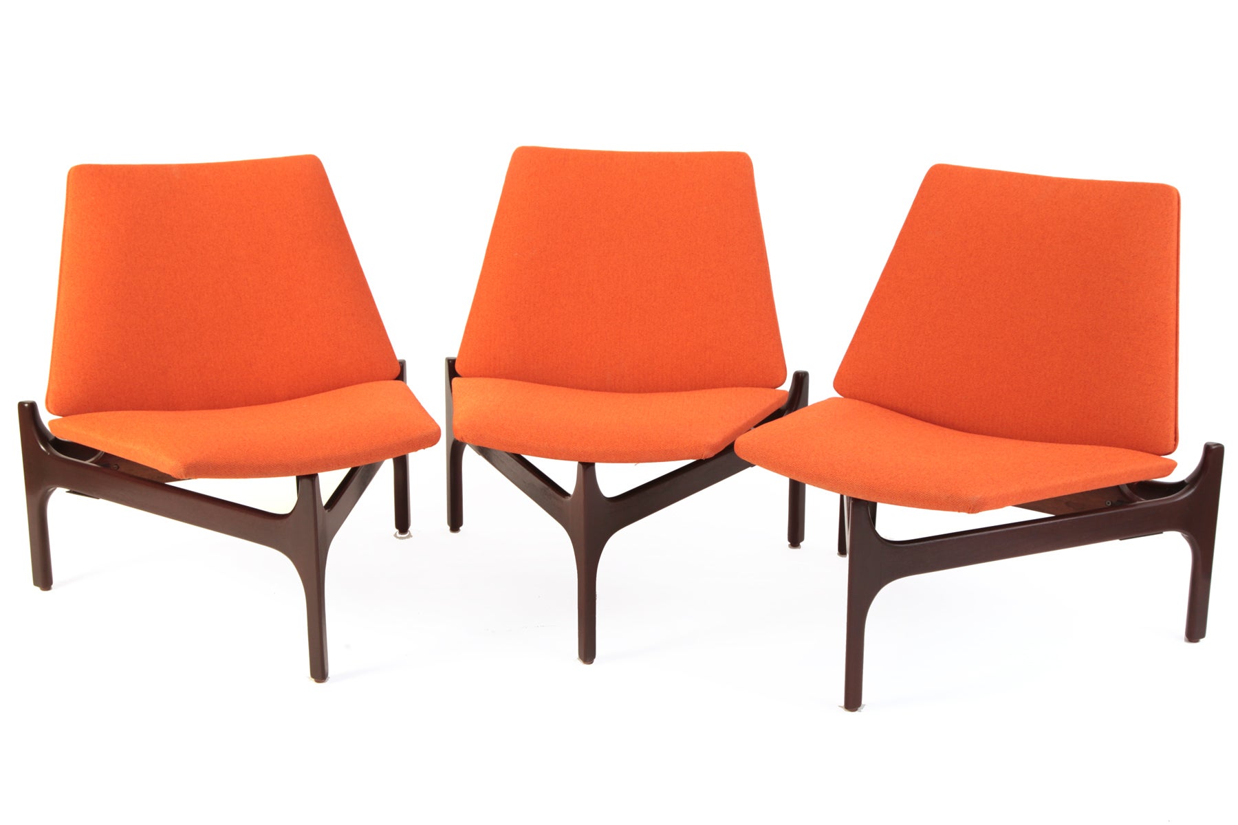 Three Sculpted Walnut and Upholstered Lounge Chairs