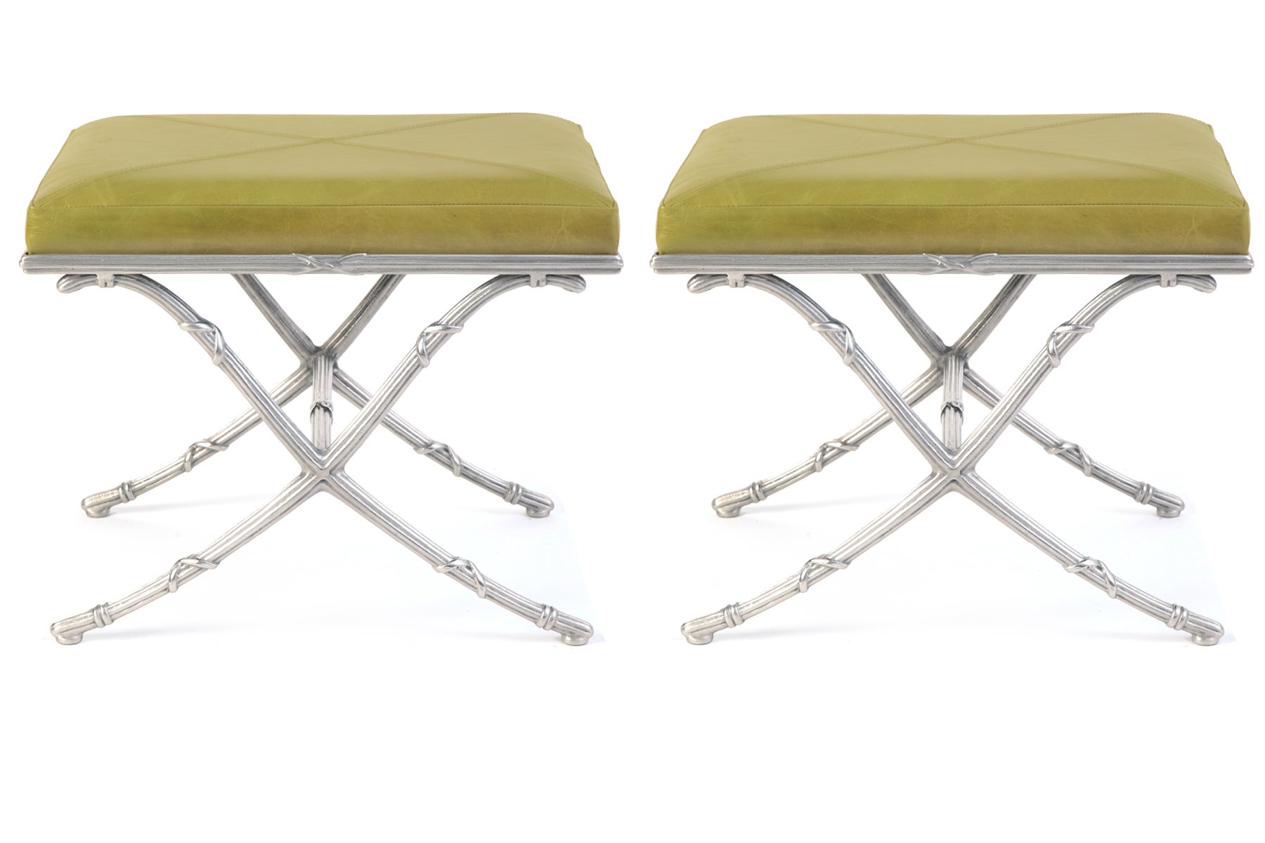 Pair of Polished Aluminum & Leather Ottomans