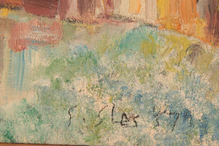 Peinture de paysage à l'huile sur lin représentant une ville, réalisée par Steven Sles vers 1957. Cet exemple présente un arrière-plan et un premier plan à la texture épaisse, avec des formes architecturales et naturelles au centre.