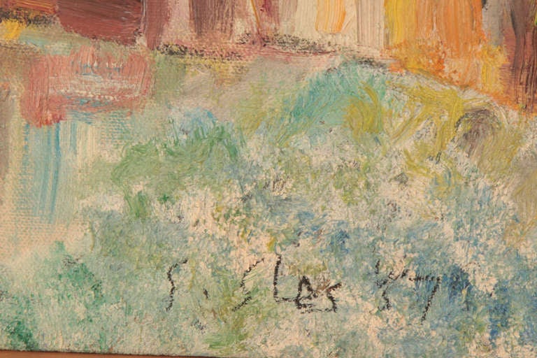 Paisaje pintado al óleo sobre lino que representa una ciudad, obra de Steven Sles hacia 1957. Este ejemplo tiene un fondo de textura gruesa y un primer plano con formas arquitectónicas y naturales en el centro.