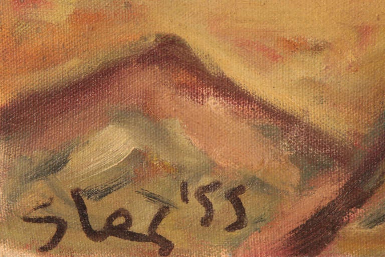 Peinture à l'huile sur lin de Steven Sles, vers 1955. En raison de son infirmité motrice cérébrale, Sles a utilisé sa bouche pour peindre ses œuvres et a étudié avec Hans Hoffman. Cette œuvre mêle une texture épaisse et un équilibre subtil entre le
