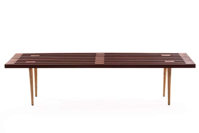 Mid-Century Modern Solid Walnut and Patinated Brass Bench