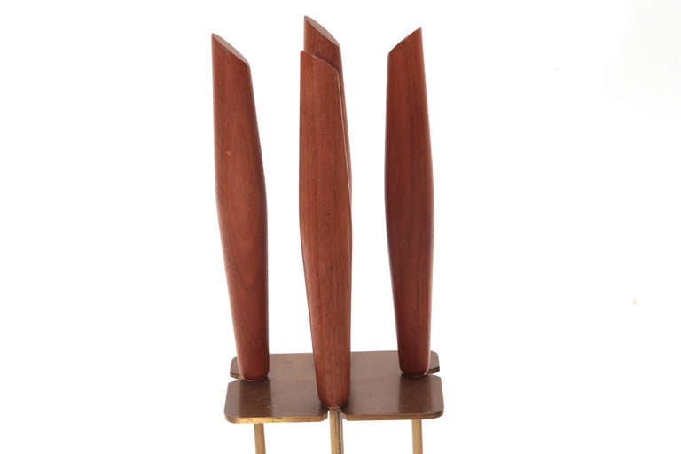 Mid-Century Modern Patinated Brass and Teak Fireplace Tools
