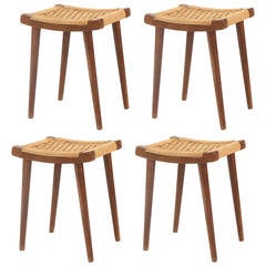 Four Teak and Woven Rope Stools or Ottomans