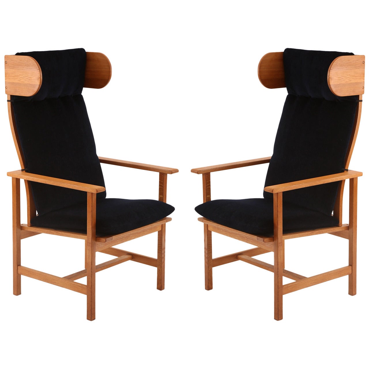 Pair of Sculptural Oak and Mohair Armchairs by Børge Mogensen