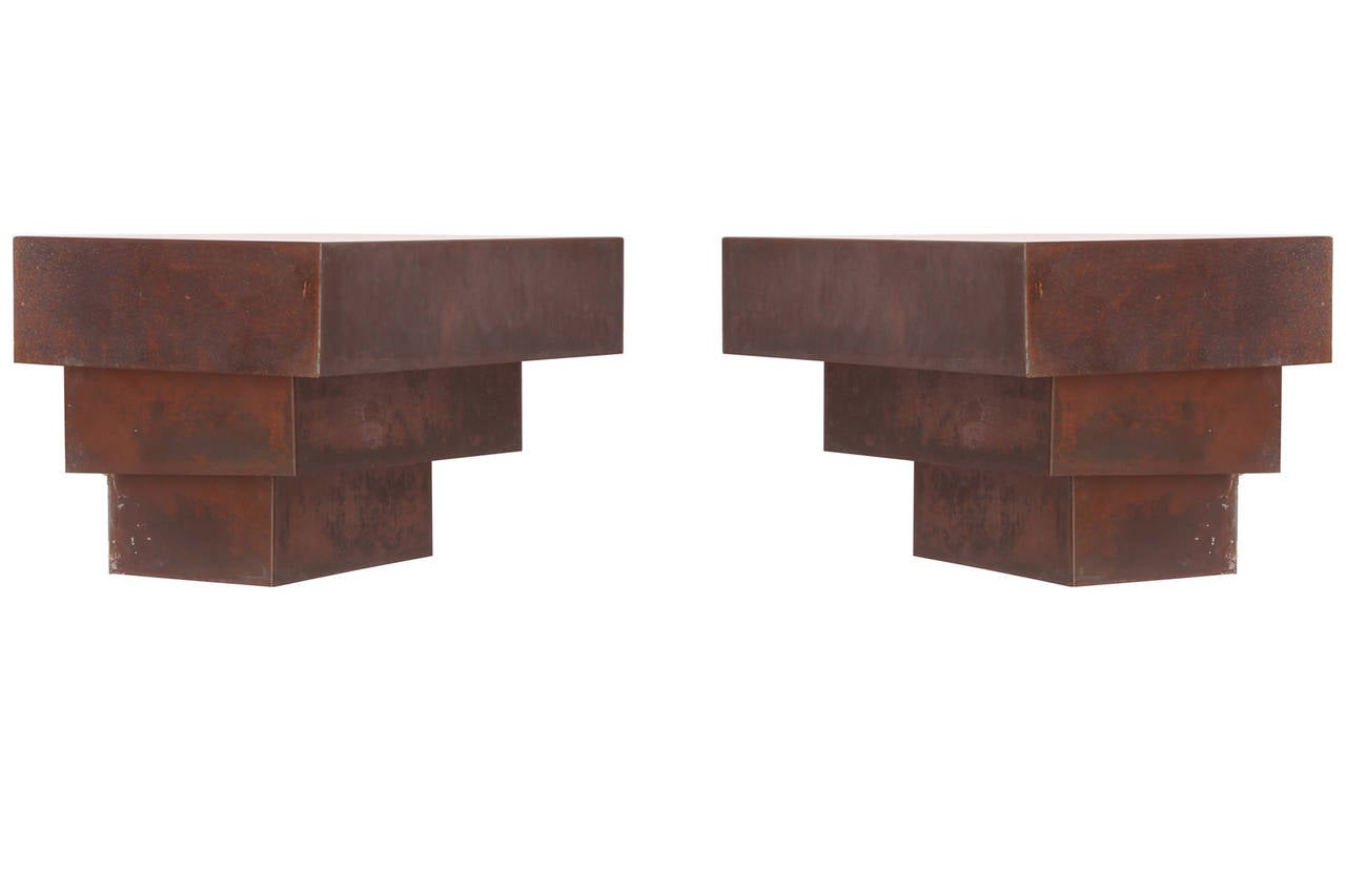 Mid-Century Modern Pair of Patinated Stacked Copper Sconces