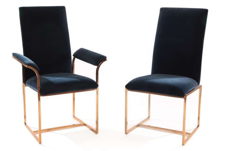 Set of six Milo Baughman for Thayer Coggin dining chairs circa early 1970's. These examples have brass frames and are upholstered in their original navy blue velvet upholstery. These could use new upholstery and we can happily reupholster these in