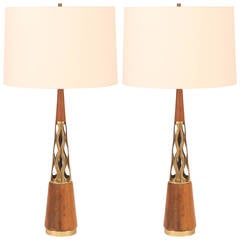 Pair of Tony Paul Walnut and Patinated Brass Table Lamps