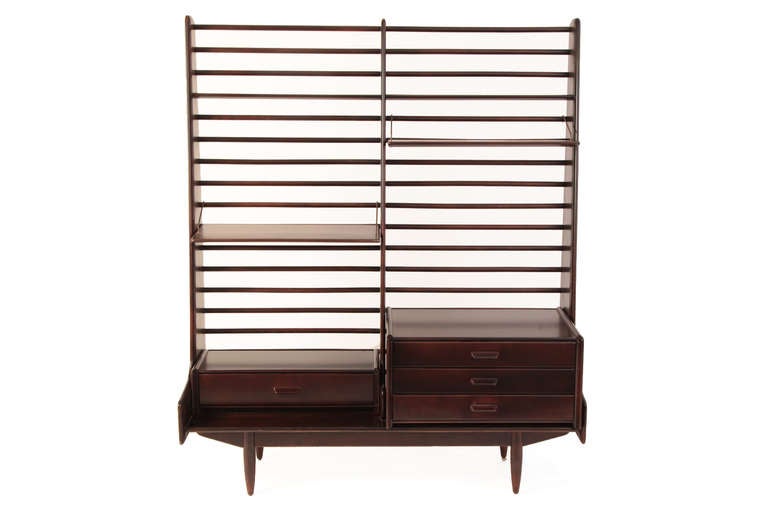 Russel Wright for Conant Ball room divider, circa late 1950s. This example is solid birch and has modular shelves and drawers that are adjustable.