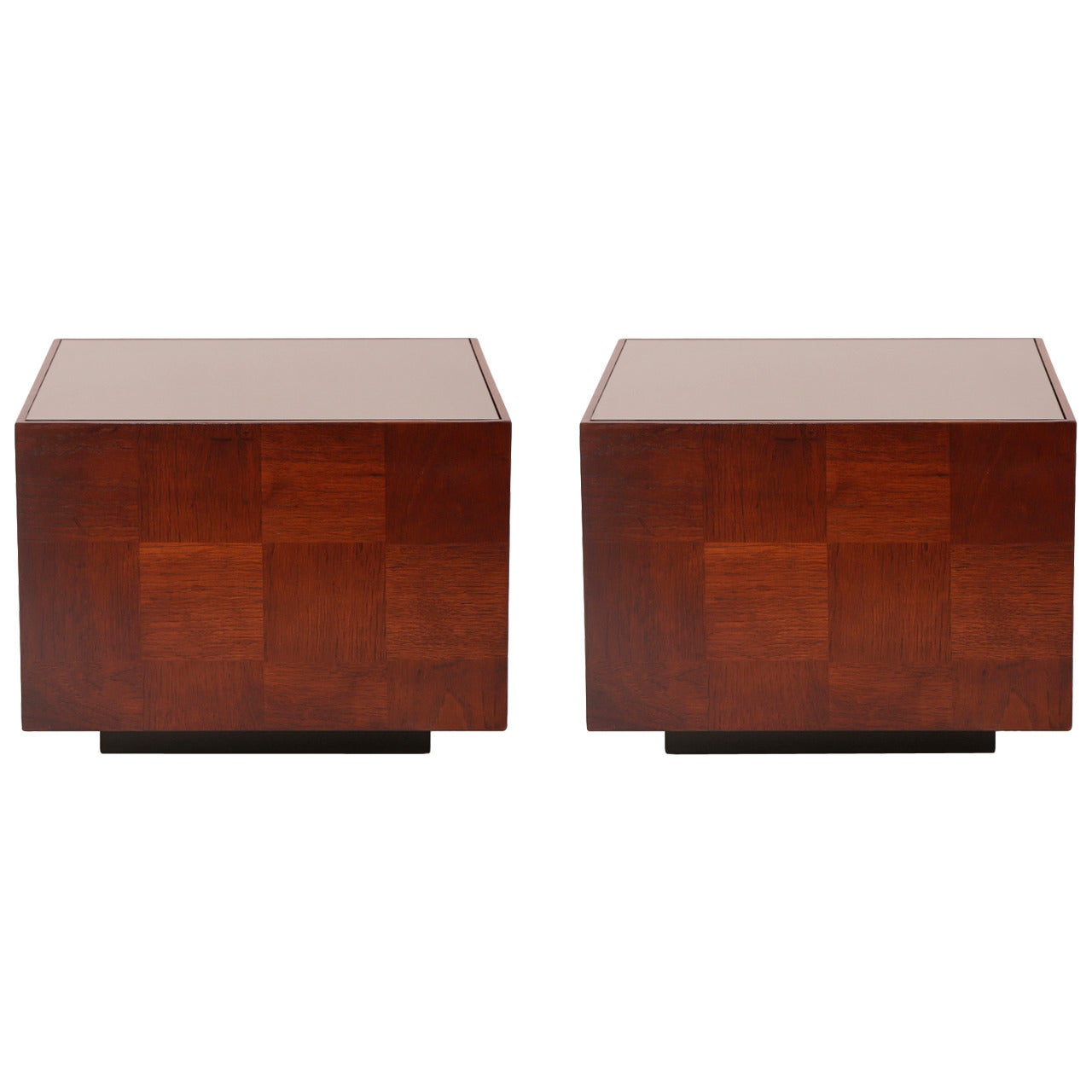 Pair of Patchwork Walnut and Mirrored Glass Side Tables