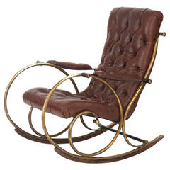 Leather Brass and Wood Rocking Chair by Woodard