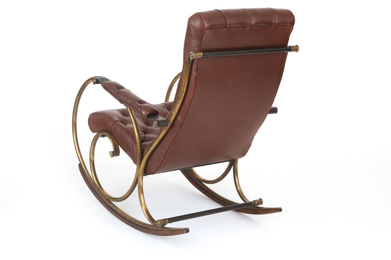 Leather Brass and Wood Rocking Chair by Woodard For Sale at 1stDibs