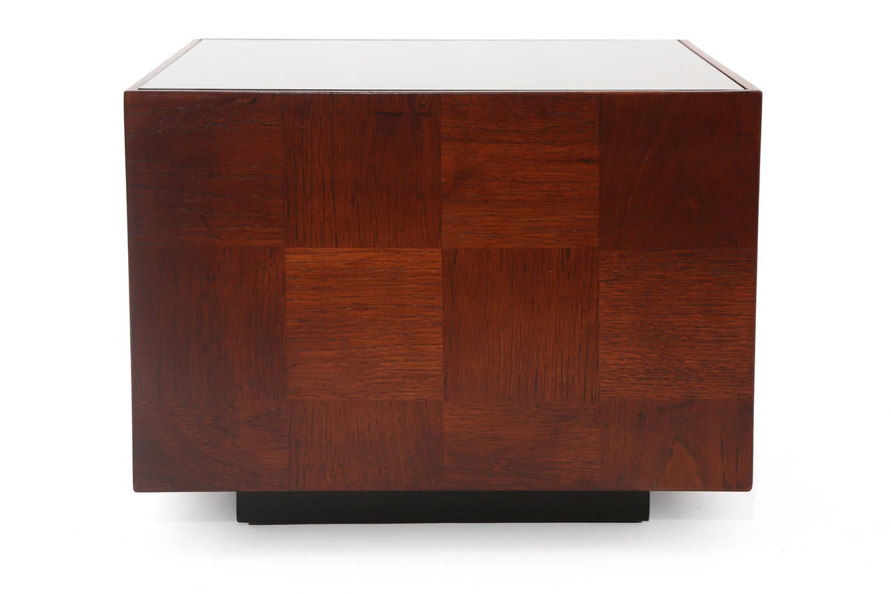 American Pair of Patchwork Walnut and Mirrored Glass Side Tables