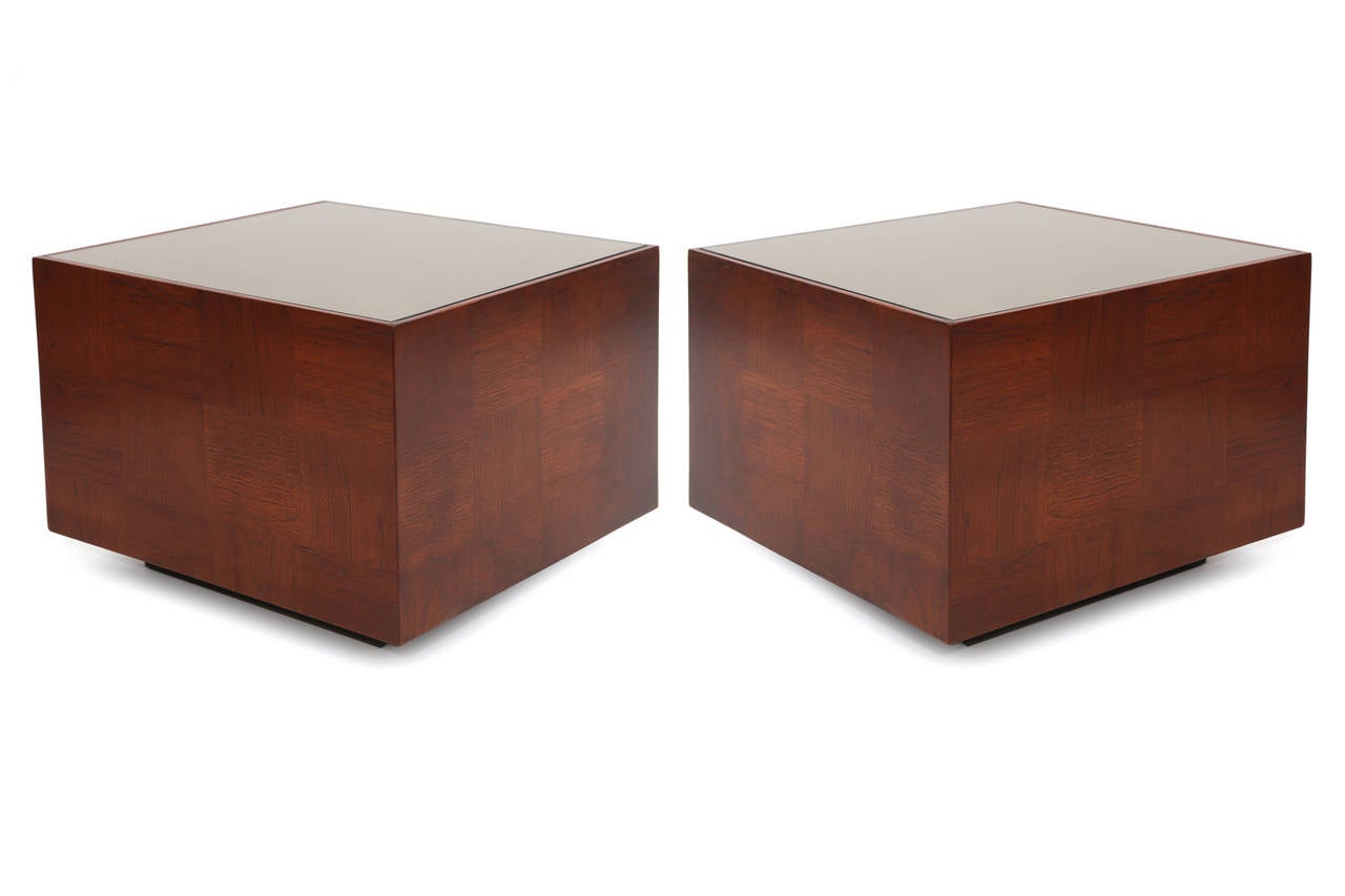 Pair of Patchwork Walnut and Mirrored Glass Side Tables In Excellent Condition In Phoenix, AZ