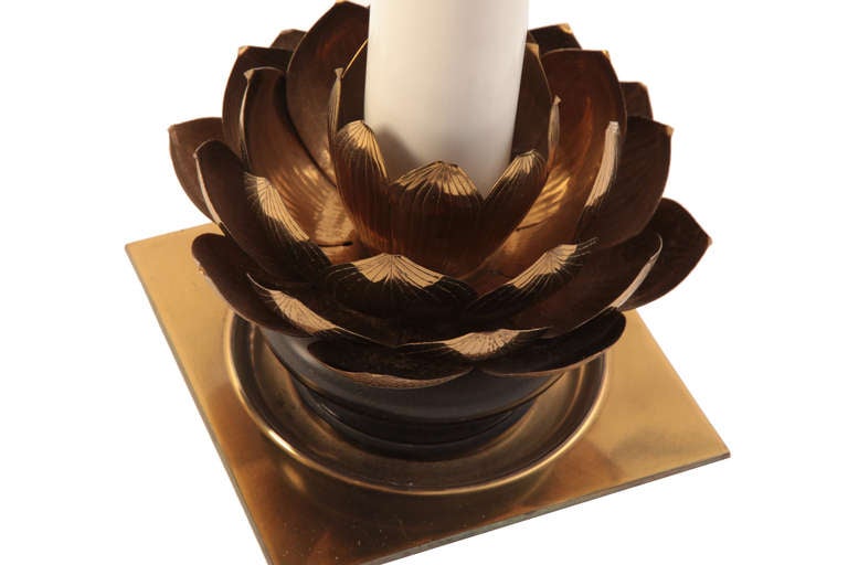 American Brass and Enameled Metal Lotus Table Lamp