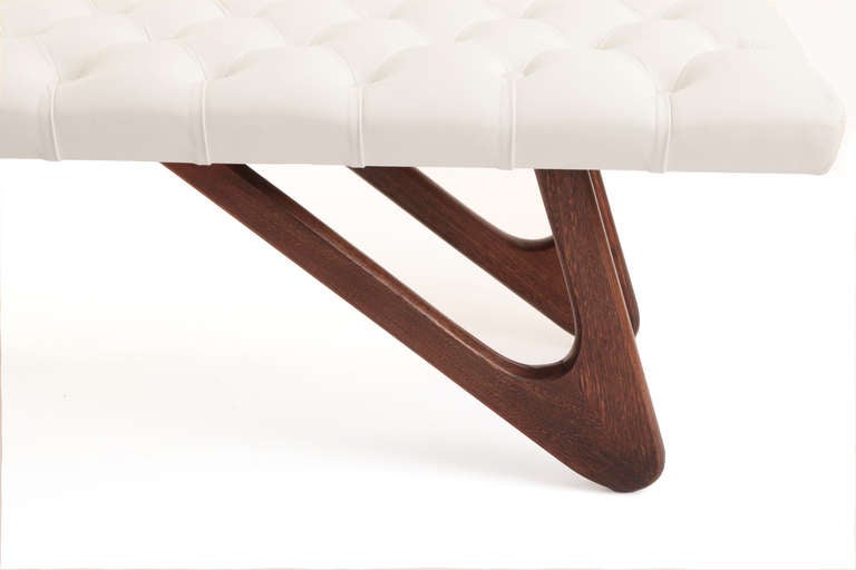Sculpted Walnut and Tufted White Leather Bench at 1stDibs