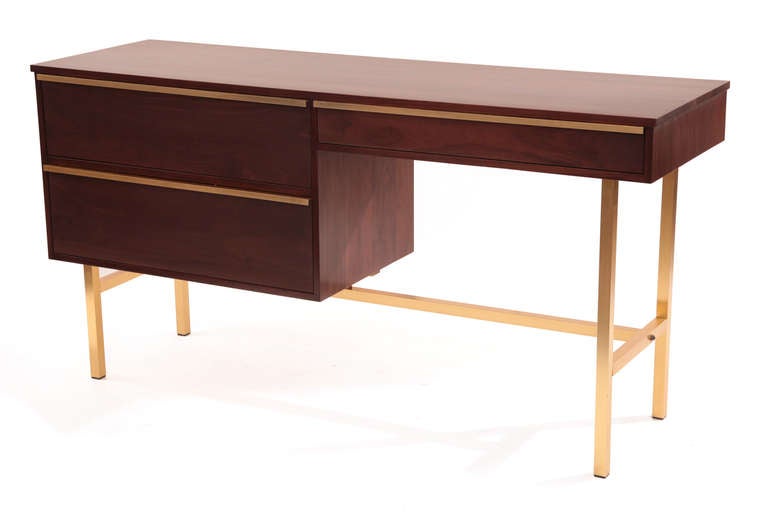 Mid-Century Modern Custom Solid Walnut and Brass Desk