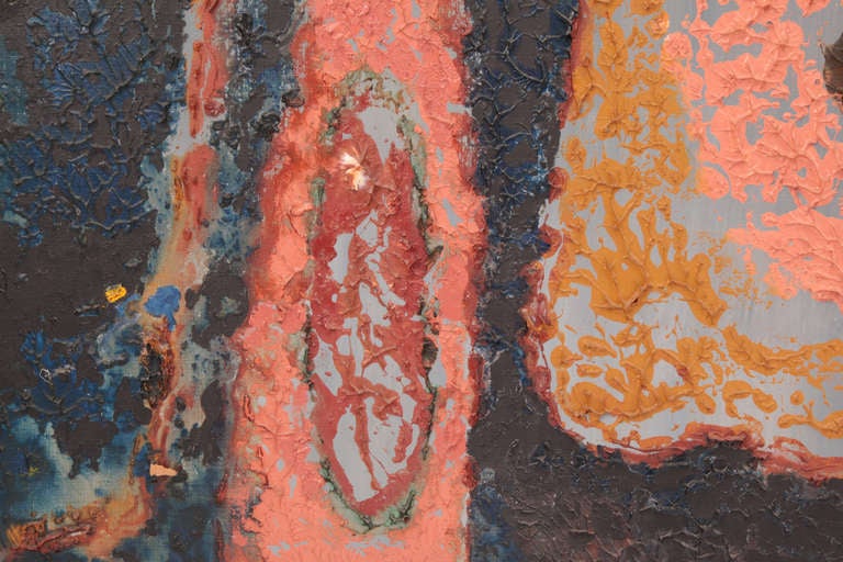 Peinture texturée à l'huile sur lin de Steven Sles, vers le début des années 1960. Sles était handicapé et utilisait sa bouche pour peindre. Il a étudié avec Hans Hoffman. Cet exemple présente des formes organiques, très texturées, superposées dans