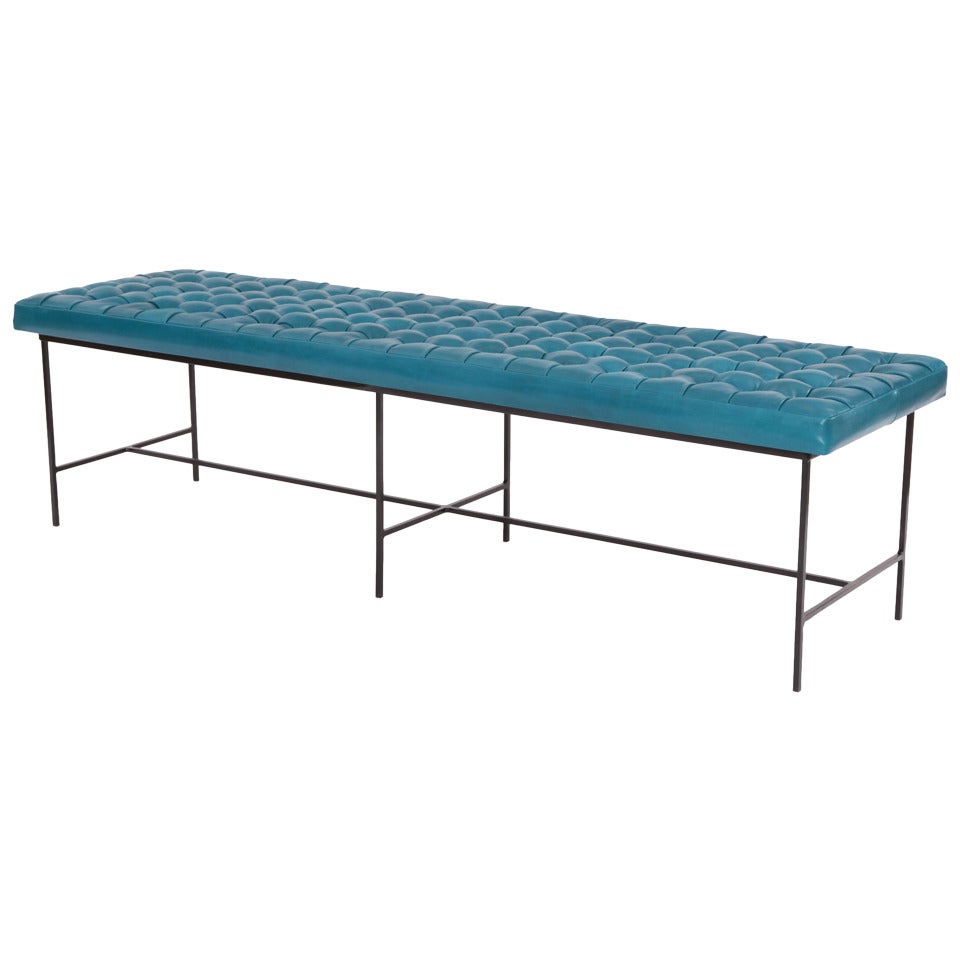 Micro Tufted Cerulean Blue Leather and Iron Bench