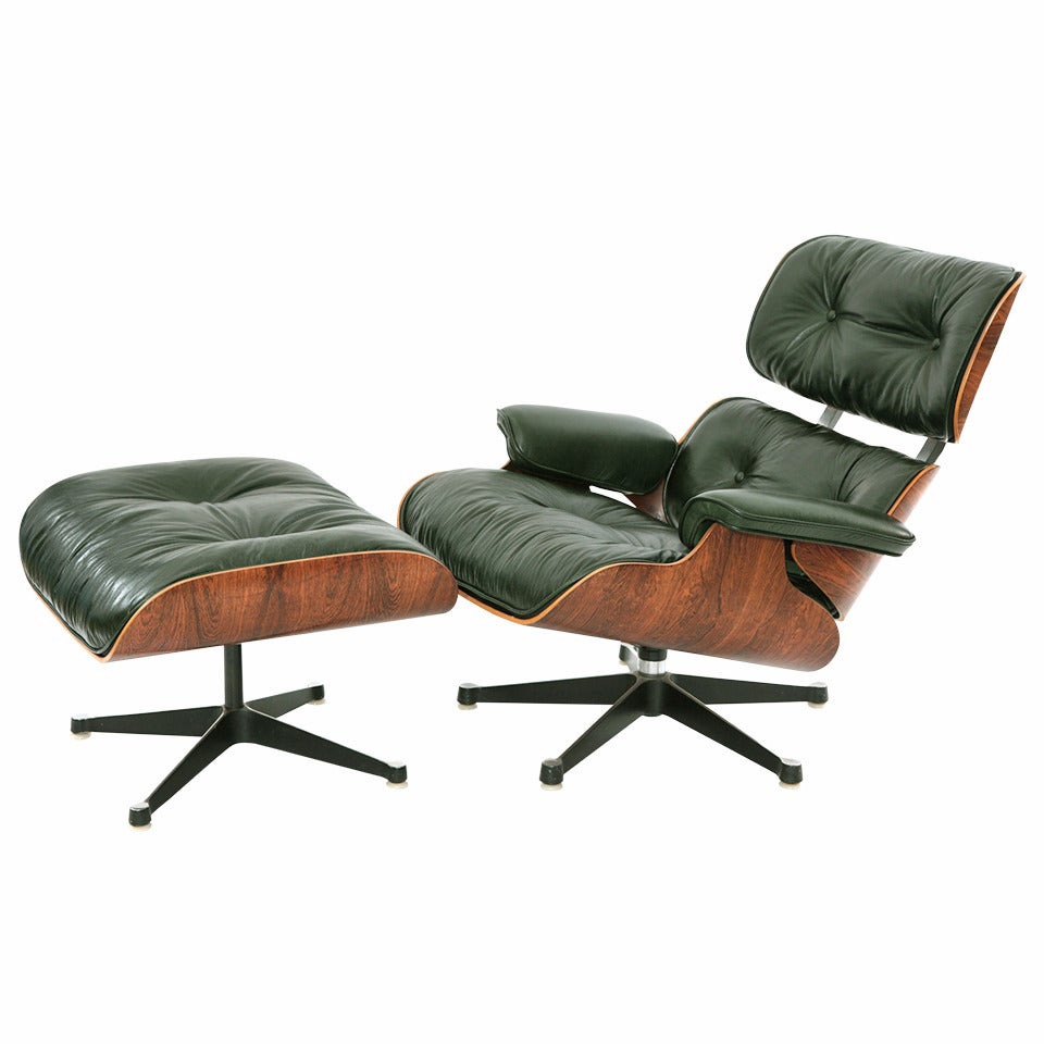 Charles and Ray Eames Green Leather Lounge Chair and Ottoman