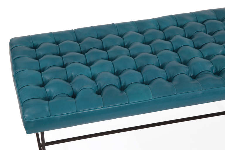 American Micro Tufted Cerulean Blue Leather and Iron Bench