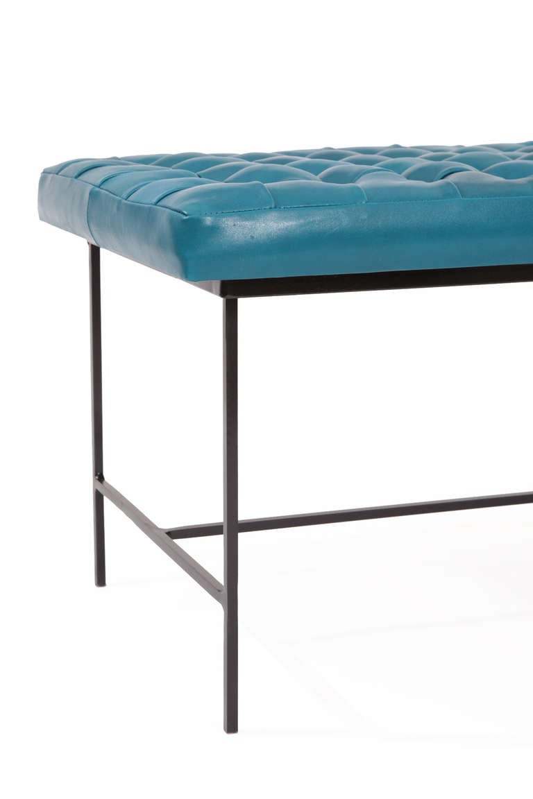 Mid-Century Modern Micro Tufted Cerulean Blue Leather and Iron Bench