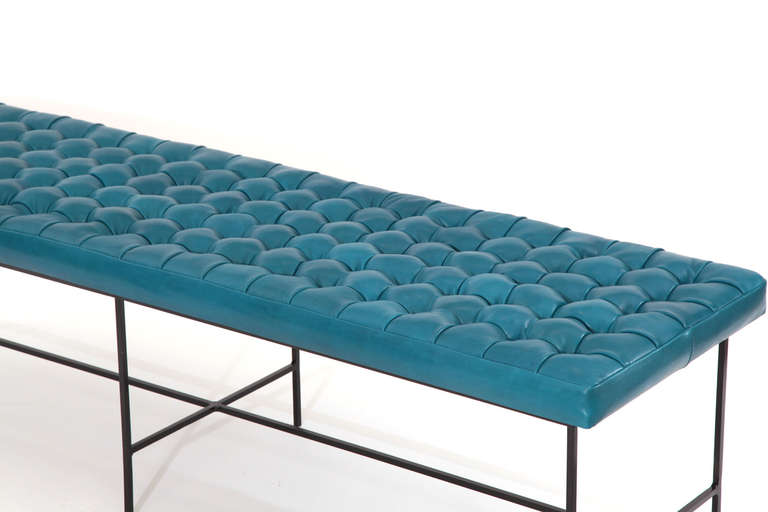 blue leather bench