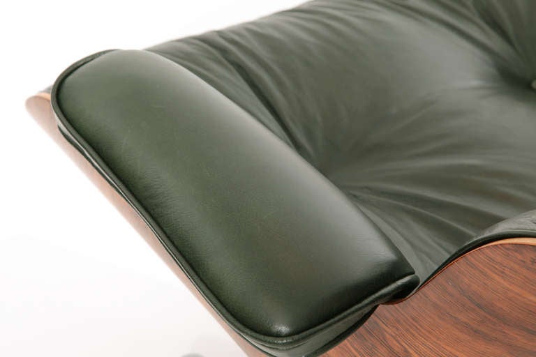 Swiss Charles and Ray Eames Green Leather Lounge Chair and Ottoman