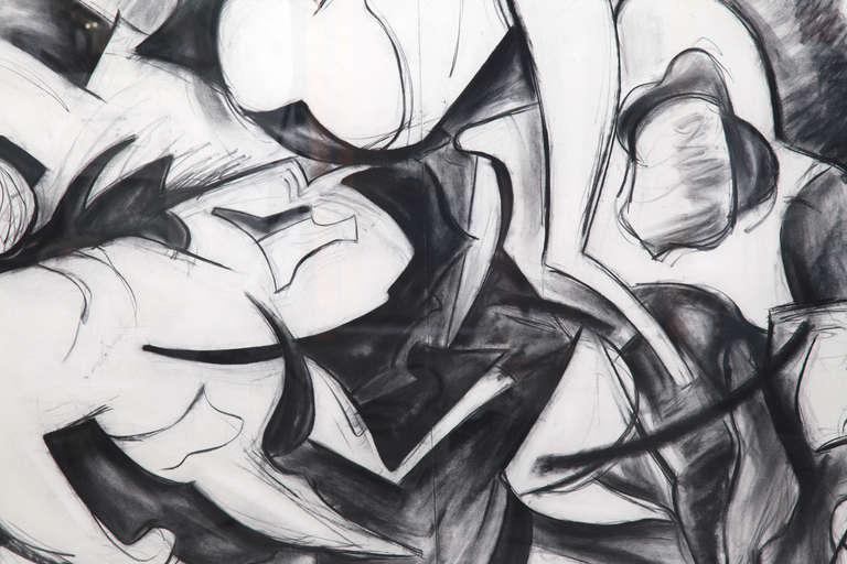 Large-scale charcoal drawing by Anne Schutte from 1991. This example elegantly blends negative and positive space and flows seamlessly. It floats inside a solid maple frame.
