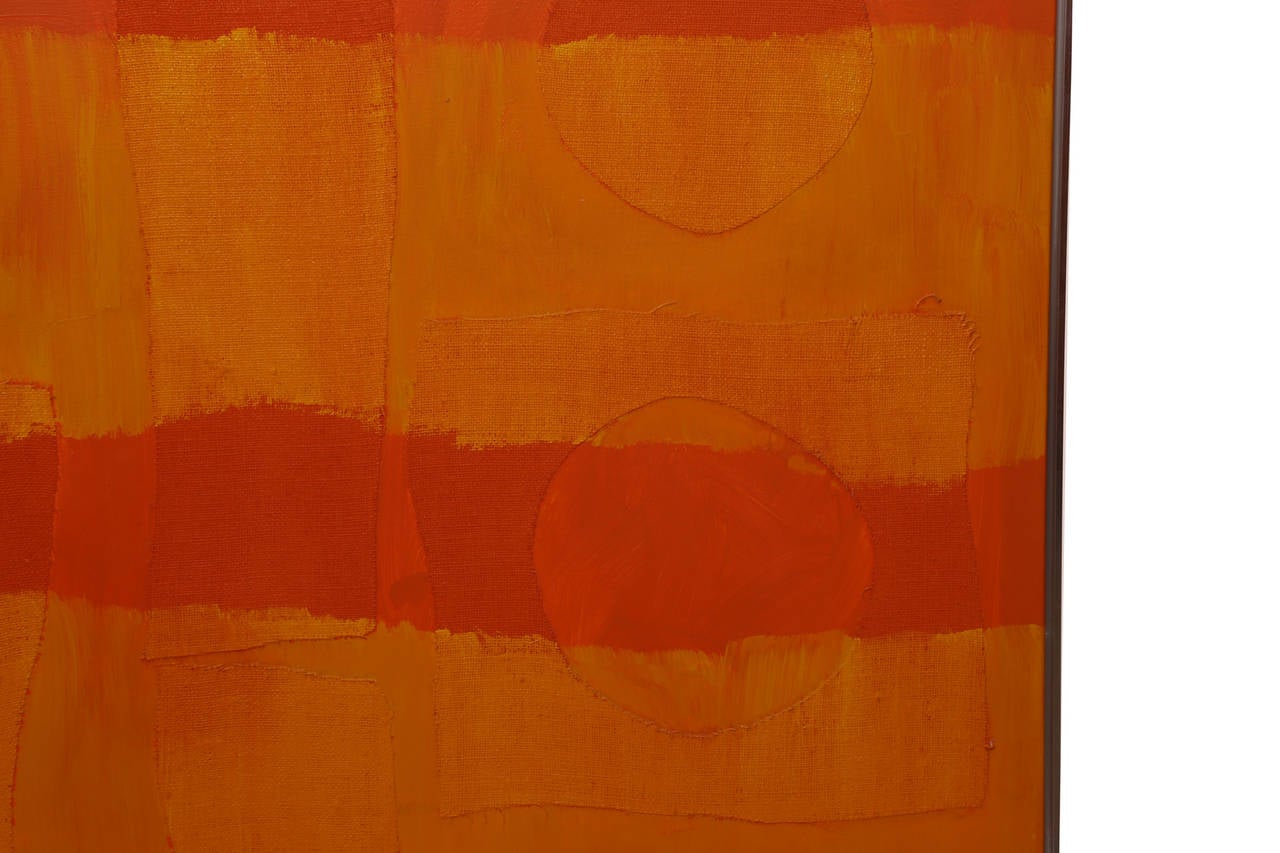 Italo Valenti mixed-media painting, circa late 1960s. This whimsical large-scale example has layered burlap atop the canvas that has been mindfully painted in hues of oranges yellows and reds.