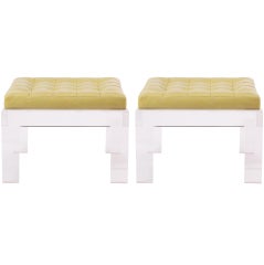 Stunning Lucite and Citron Green Leather Ottomans