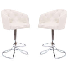 Sculptural Pair of Leather and Chrome Swivel Barstools 3
