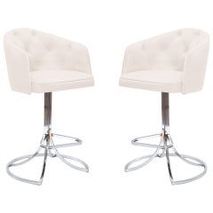 Sculptural Pair of Leather and Chrome Swivel Barstools