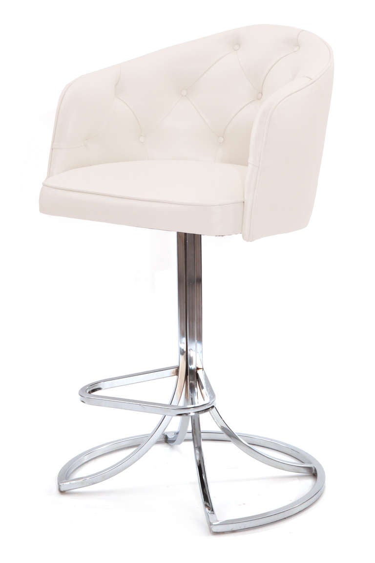 American Sculptural Pair of Leather and Chrome Swivel Barstools