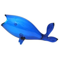 Sculpture de poissons en verre bleu de Blenko