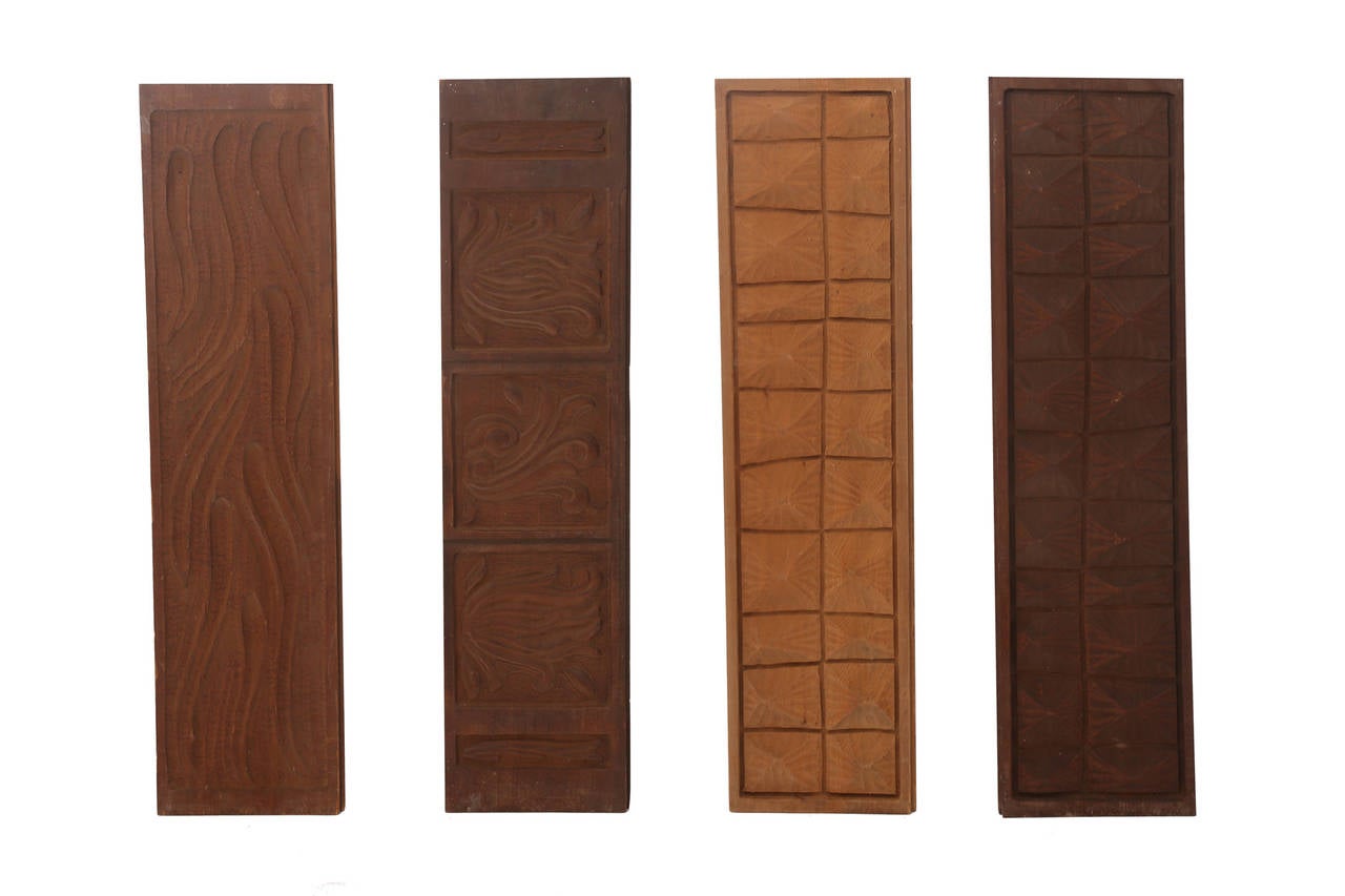 Six Evelyn Ackerman for Panelcarve wall panels, circa early 1960s. This grouping features a nice array of carved organic forms. Price listed is for the six panels. Two smaller examples measure: 4.5