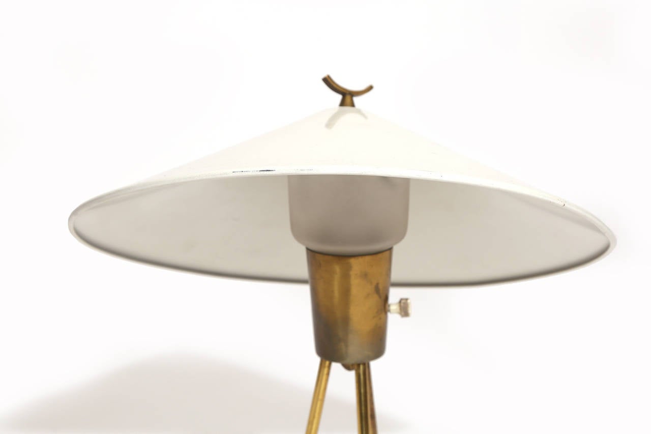 Mid-Century Modern Brass and Enameled Metal Tripod Lamp by Lightolier