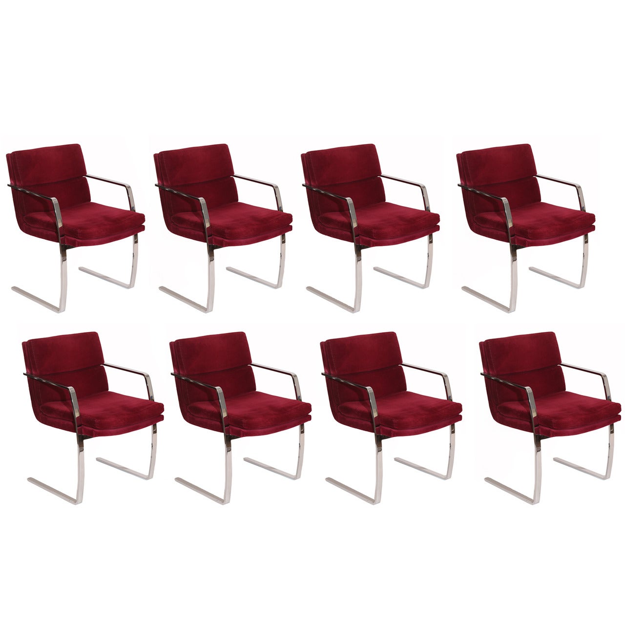 Eight Cantilevered Steel and Upholstered Dining or Conference Chairs