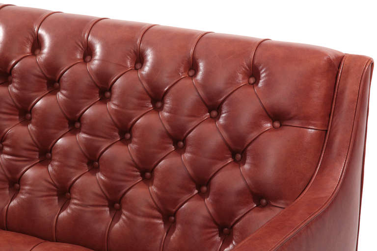 Diamond Tufted Cognac Leather Sofa In Excellent Condition In Phoenix, AZ