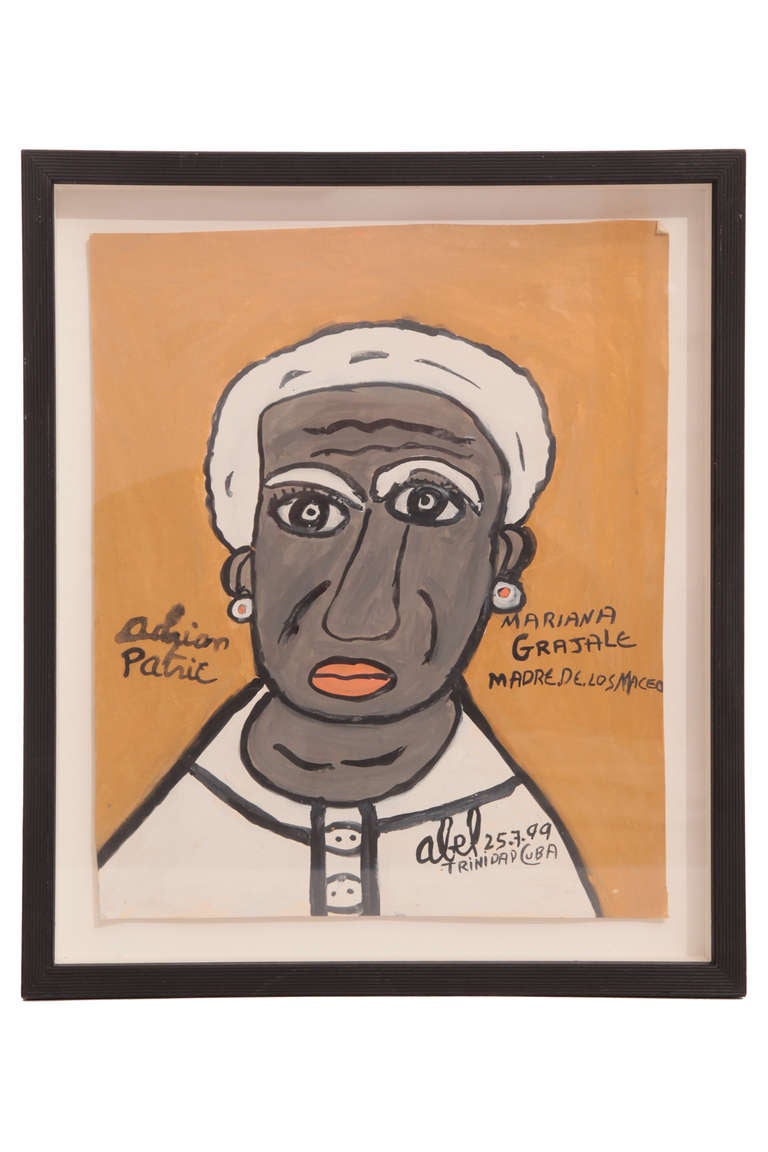 Three folk art tempera on paper works by Cuban artist Abel Perez Mainegra. These powerful portraits depict three iconic figures in Cuban history: Mariana Grajale, Jose Perez and Camilo Cienfuegas. Price listed is for the set of three. Measurements