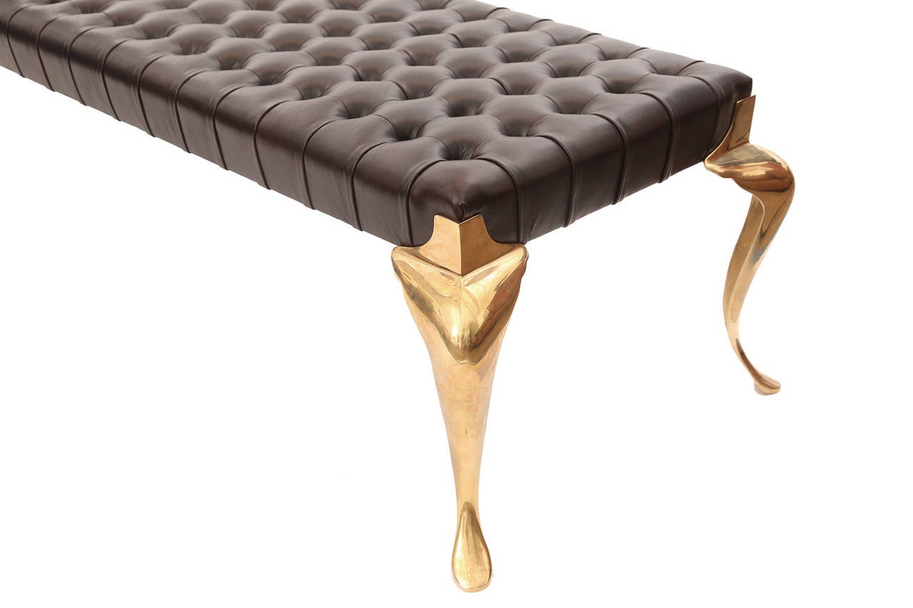 American Custom Button Tufted Leather and Brass Bench