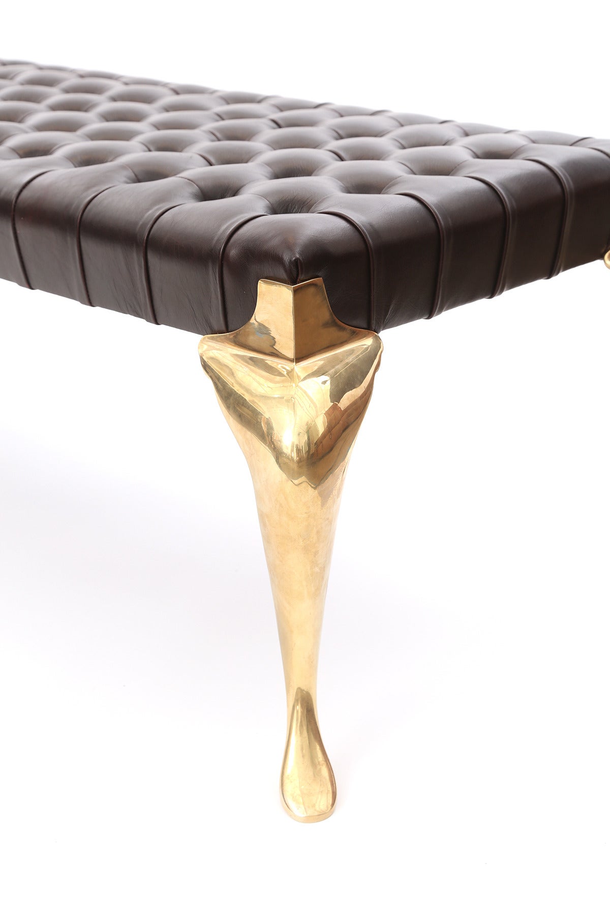 Custom Button Tufted Leather and Brass Bench In Excellent Condition In Phoenix, AZ