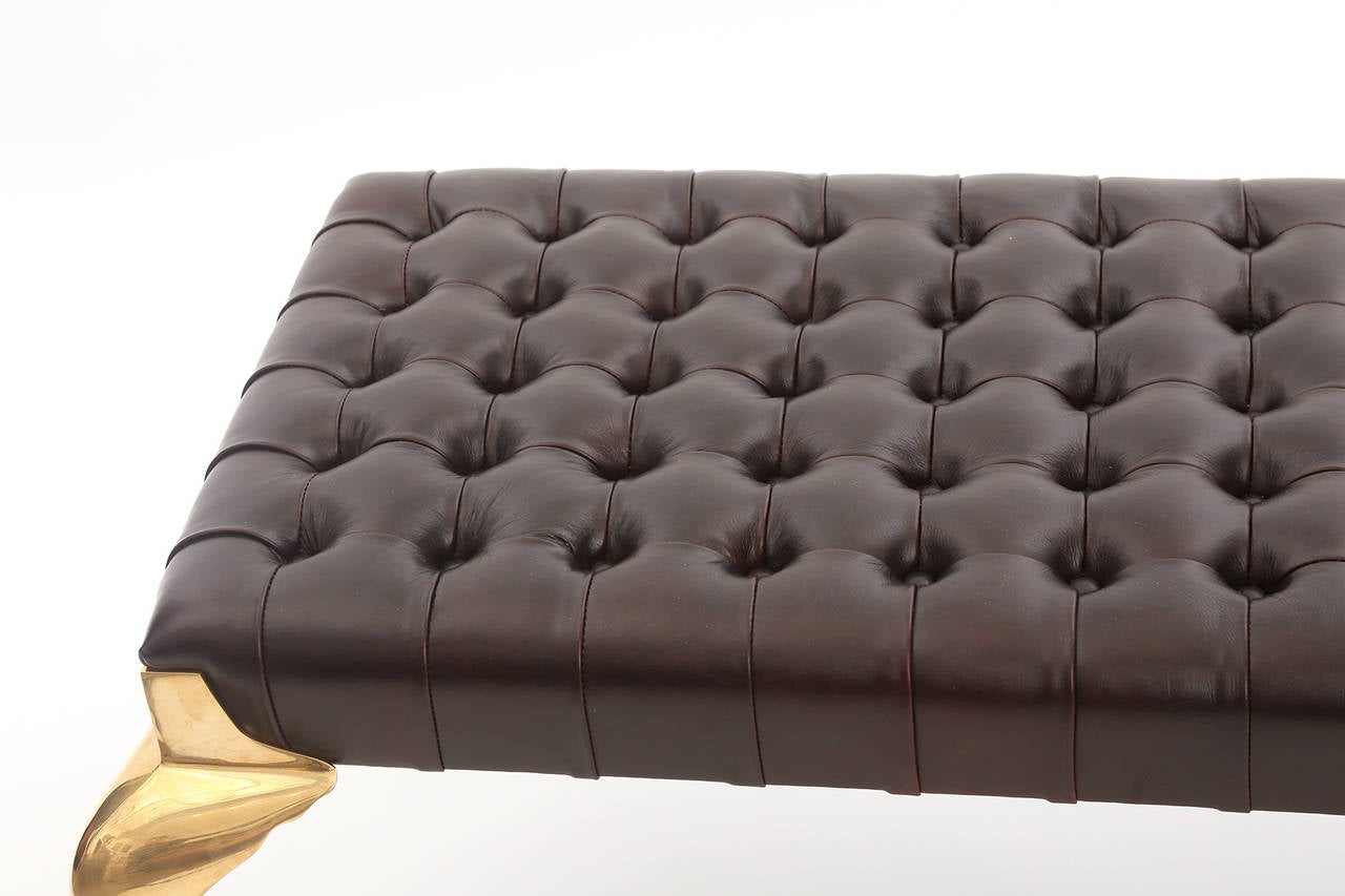 Mid-20th Century Custom Button Tufted Leather and Brass Bench
