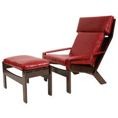 Lipstick Red Leather and Jacaranda Reclining Chair and Ottoman