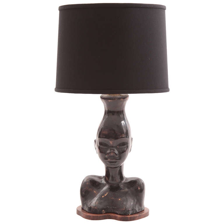African Bust Ceramic and Walnut Lamp For Sale at 1stdibs