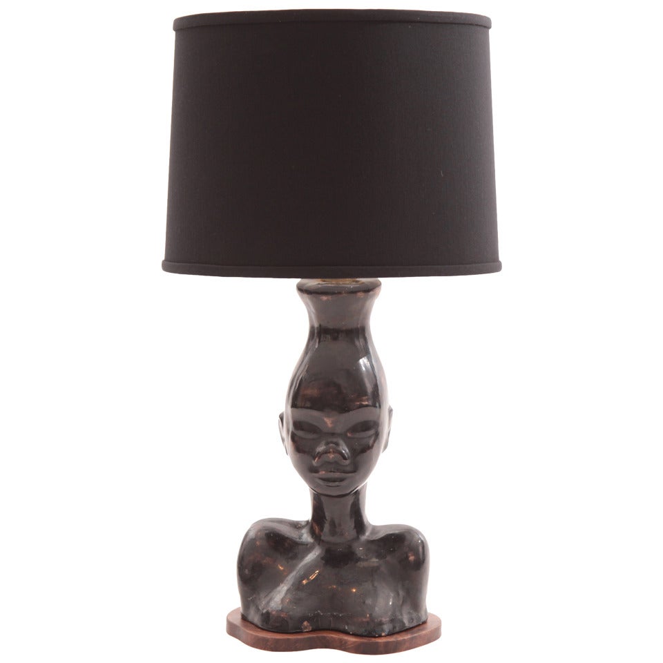 African Bust Ceramic and Walnut Lamp