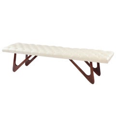 Sculpted Walnut & Tufted White Leather Bench
