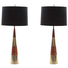 Rare Pair of Brass and Solid Walnut Lamps by Tony Paul